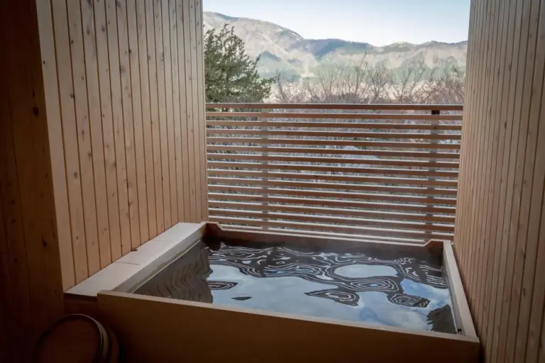 Private hot spring with a mountain view at Hakone Honbako