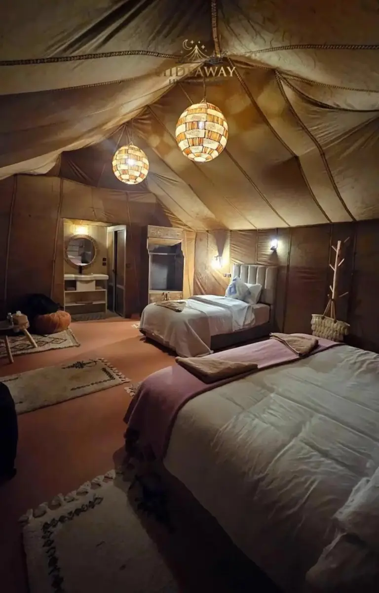 Another view of the interior of a tent at Hideaway Luxury Camp