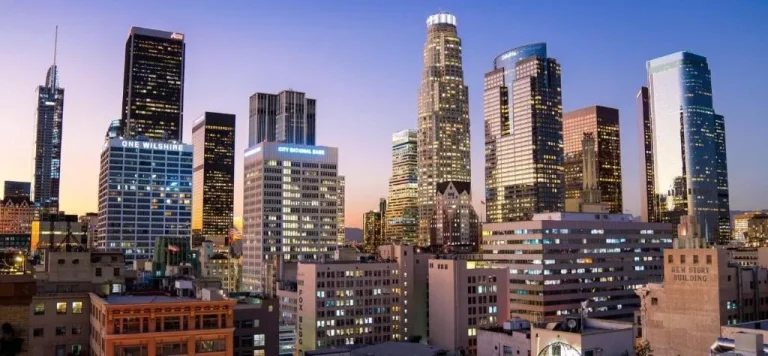 City skyline at dusk in Downtown LA, California