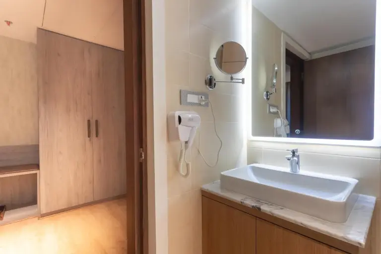 Meuble vasque et miroir à Hotel Ashwatth à Birtamod avec éclairage lumineux et lavabo