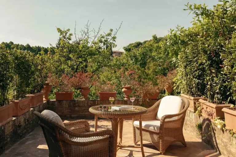 Serene garden terrace at Hotel Certosa Di Maggiano, Siena