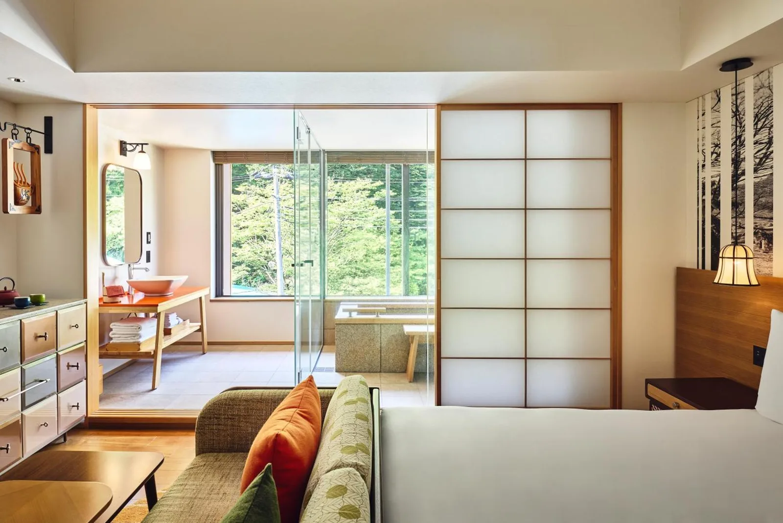 Room and bath area at Hotel Indigo Hakone Gora
