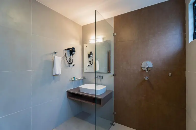 Douche moderne et lavabo dans la salle de bains à Hotel Seven Limited à Sauraha.