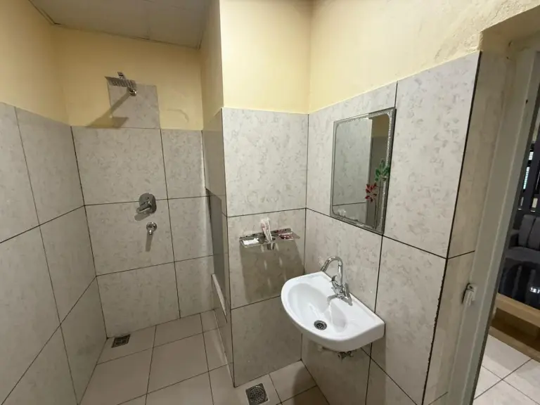 Badezimmer im Hotel Swagat Inn in Dhangadhi mit gefliestem Duschbereich, wandmontiertem Waschbecken und Spiegel.