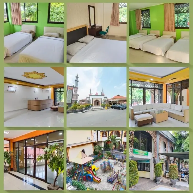 Habitación twin en Islamic Guest House at Taqwa en Cirebon con dos camas individuales, paredes verdes y grandes ventanas.