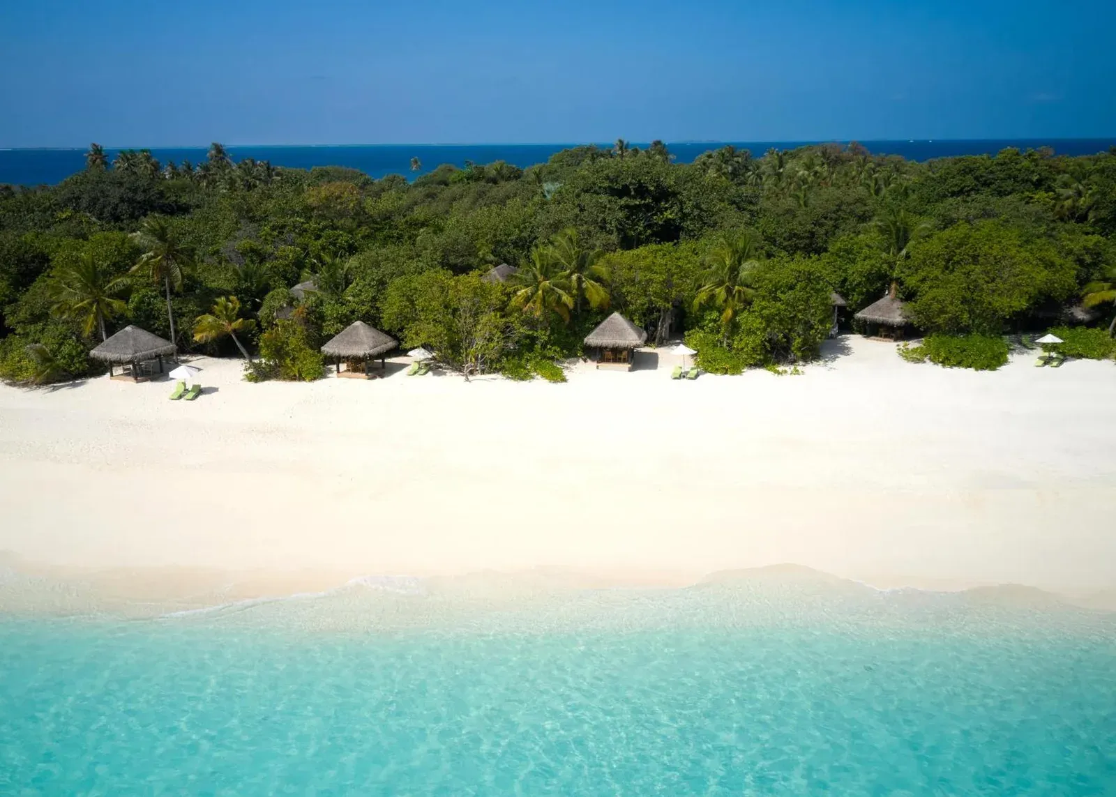 Strandansicht bei JA Manafaru, Die echten Malediven mit Palmen.