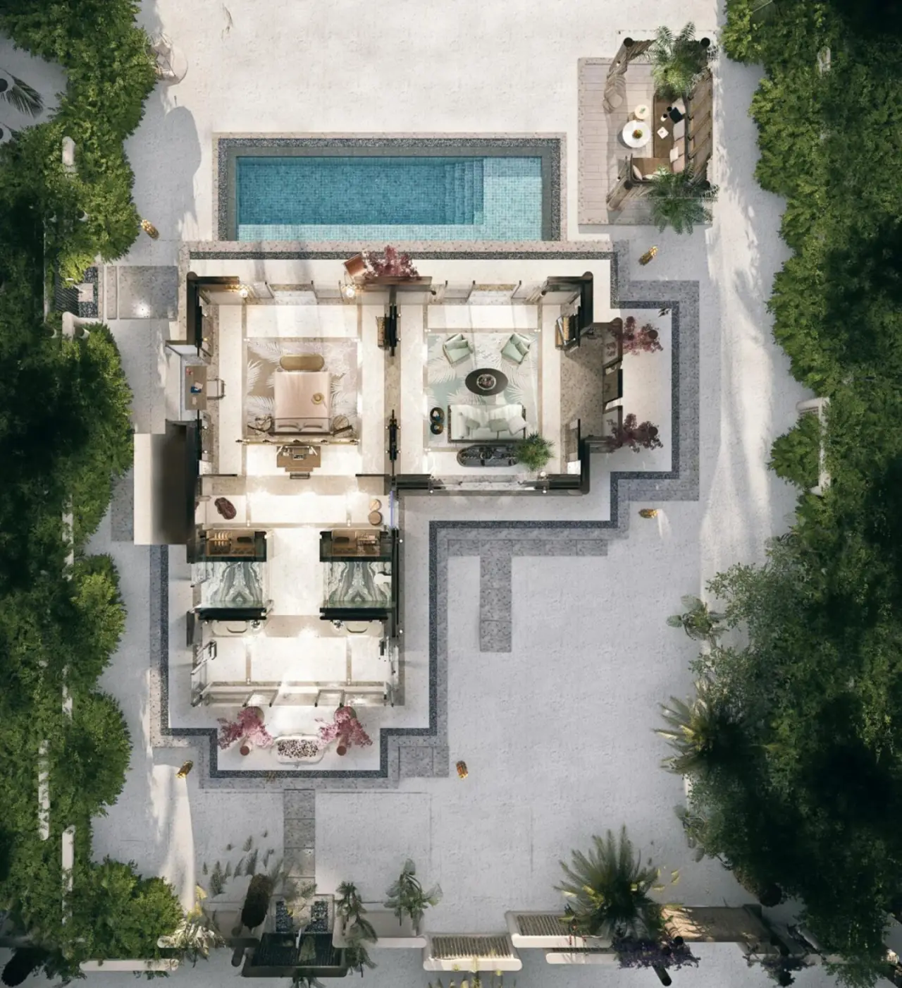 Luftbild-Layout einer Villa bei JOALI Maldives mit einem privaten Pool