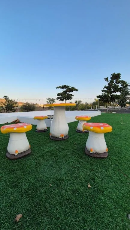 Mushroom-shaped seating area at Jory Hatta Resort.