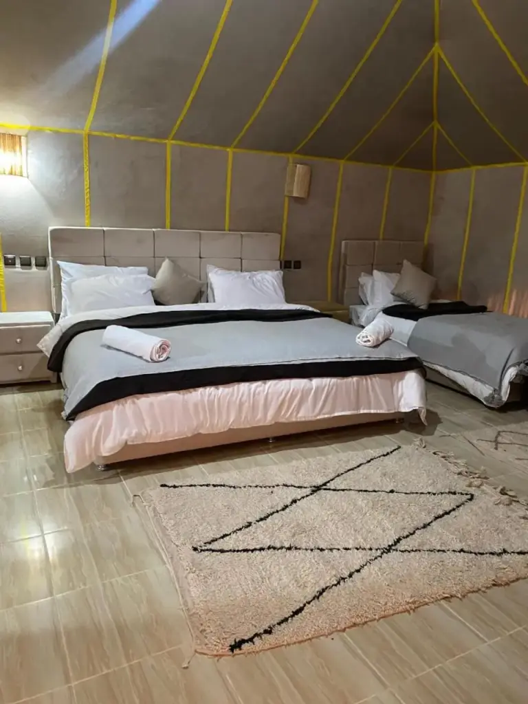 Interior of double room at Khadija Desert Camp in Merzouga
