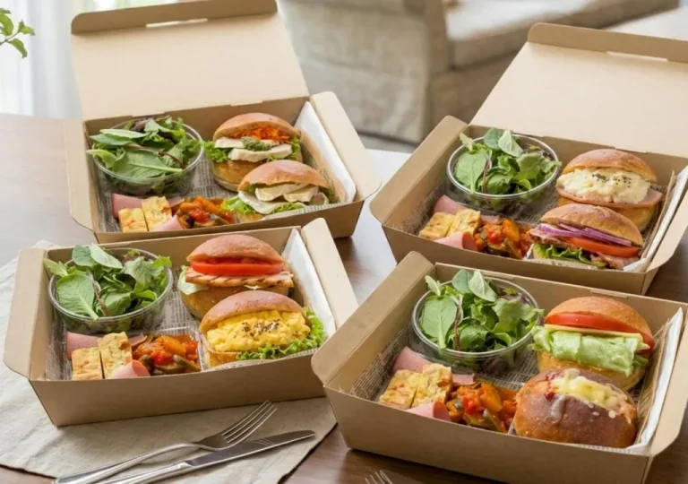 Kuraya Kamigojocho comida en caja saludable con sándwiches y ensalada