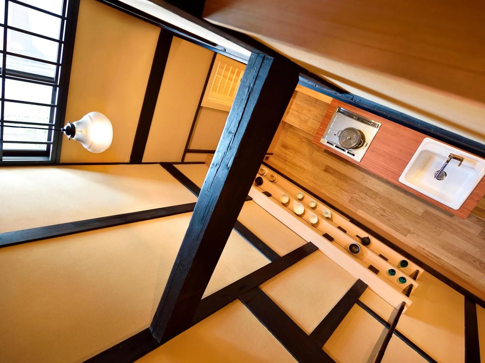Kyo no Ondokoro Gokomachi Ebisugawa kitchen area with wooden beams