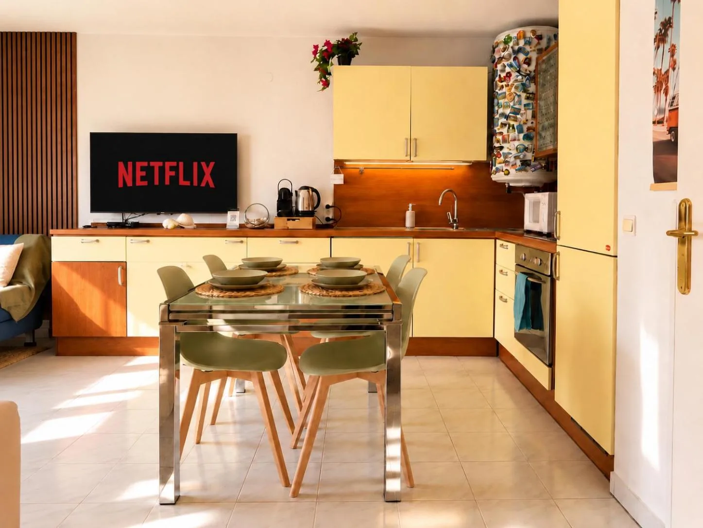La Terrasse Bleue hotel kitchen with modern appliances and dining area