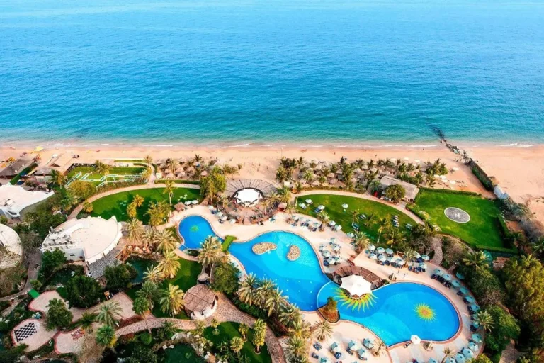 Aerial view of beach and pool area at Le Meridien Al Aqah Beach Resort