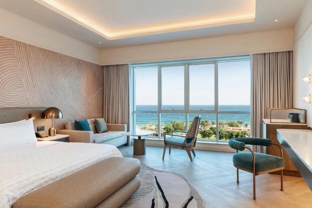 Sea view guest room at Le Meridien Al Aqah Beach Resort
