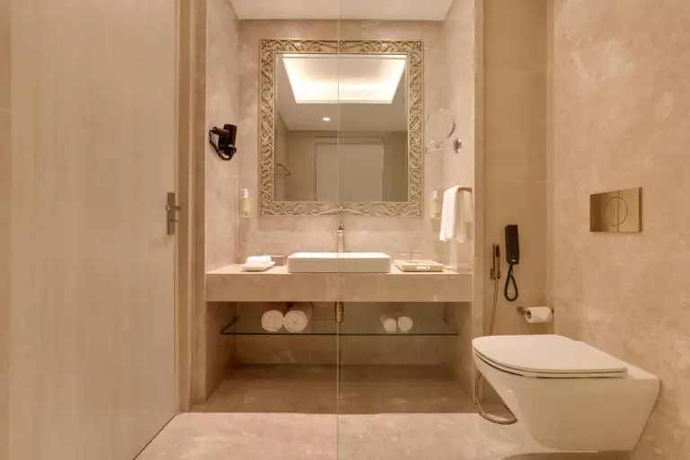 Bathroom vanity area at Lemon Tree Premier Budhanilkantha Kathmandu, Nepal with mirror, sink, and shower