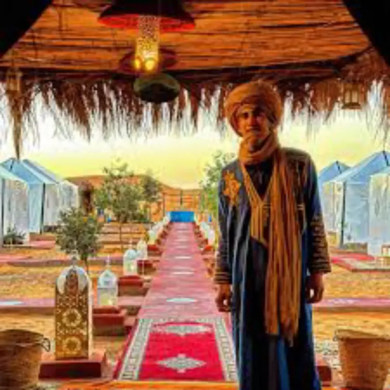 Host welcoming guests at Les Pyramides Luxury Desert Camp in Merzouga