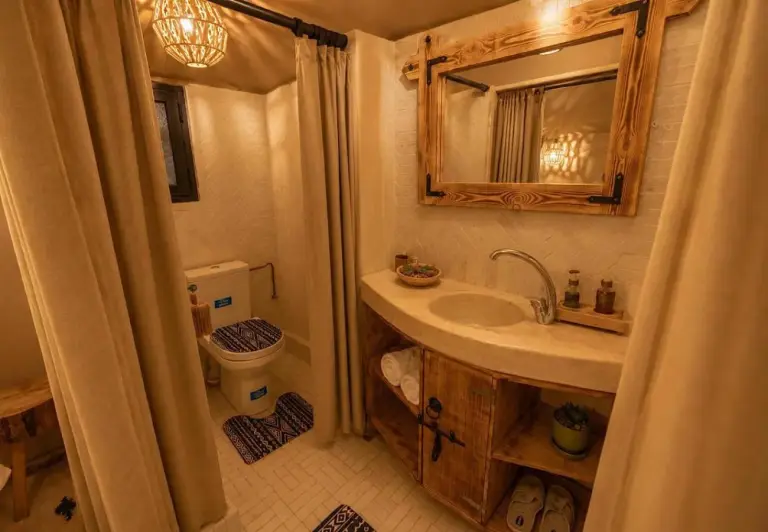 Bathroom at Luna Desert Luxury Camp in Merzouga with shower, sink, and rustic wooden vanity