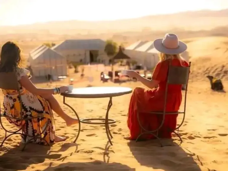 Zwei Gäste sitzen auf einer Terrasse mit Blick auf die Wüste im Luxury Dune's Camp in Merzouga, Marokko.