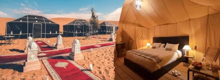 Vue extérieure de la tente et suite confortable au Luxury Merzouga Stars Camp à Merzouga, montrant le cadre du camp et l’intérieur de la chambre.