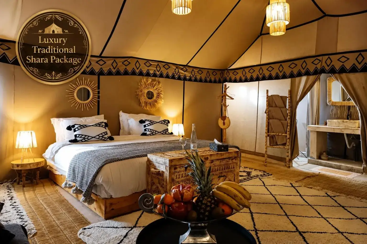 Luxury Traditional Sahara Package in Merzouga depicting a cozy bedroom ambiance