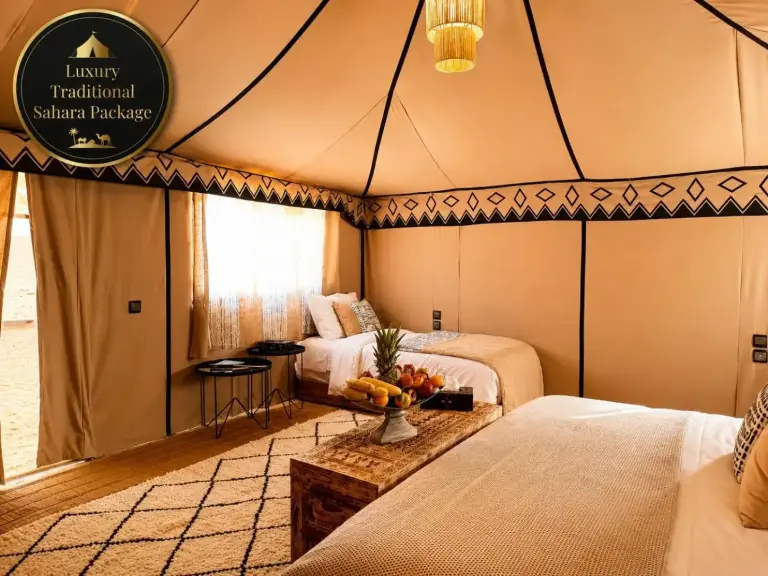 Luxury Traditional Sahara Package in Merzouga featuring dual bed tent space