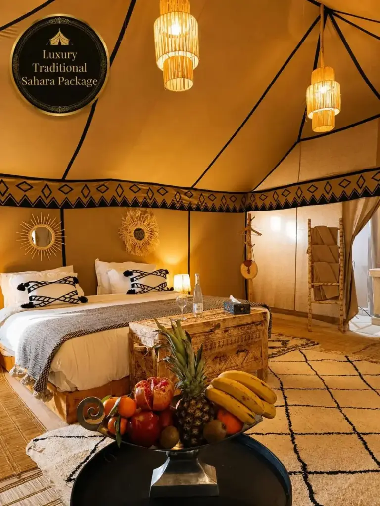 Luxury Traditional Sahara Package in Merzouga with a setup of fruits and decorative elements