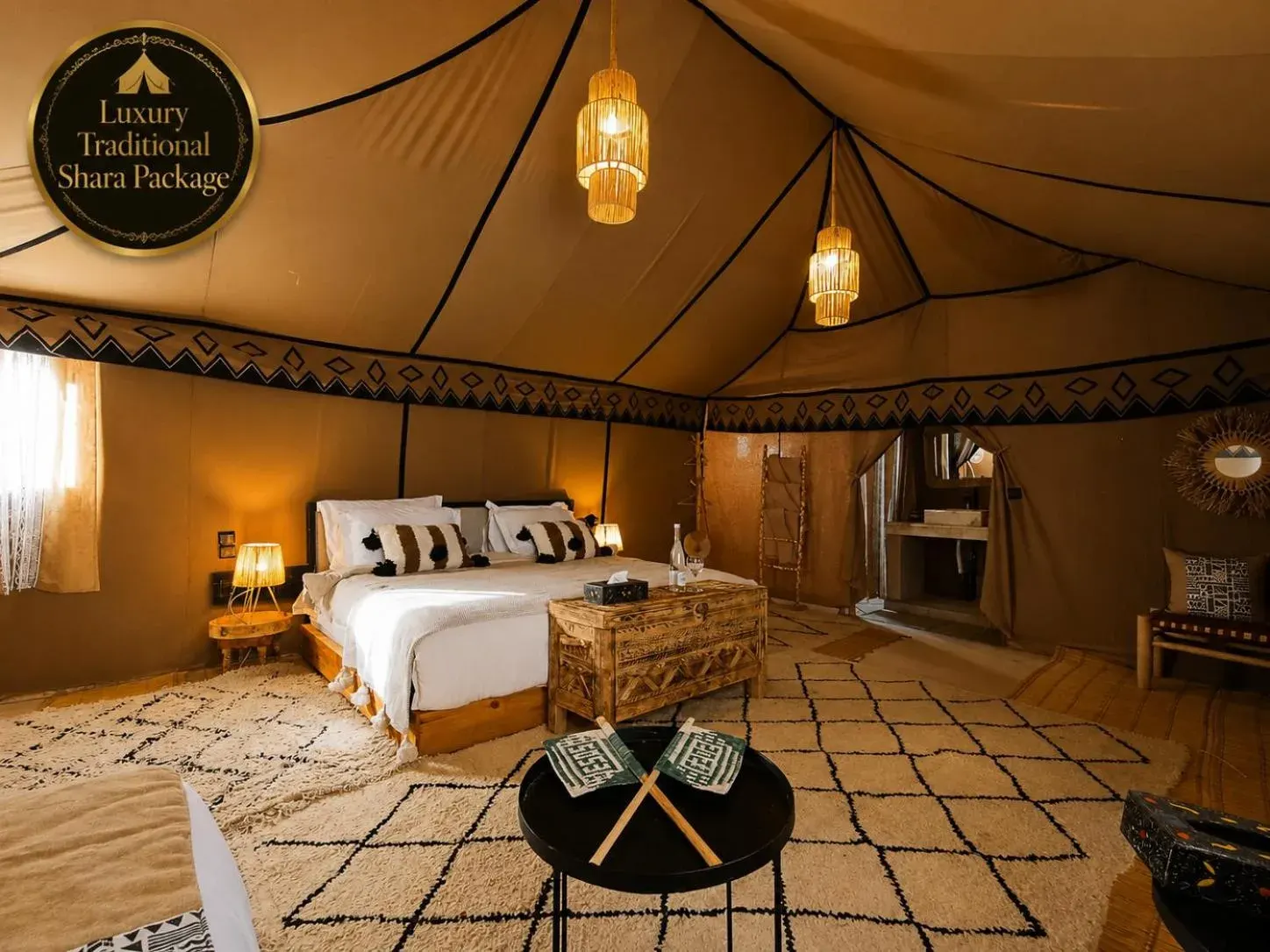 Luxury Traditional Sahara Package in Merzouga highlighting a spacious tent design