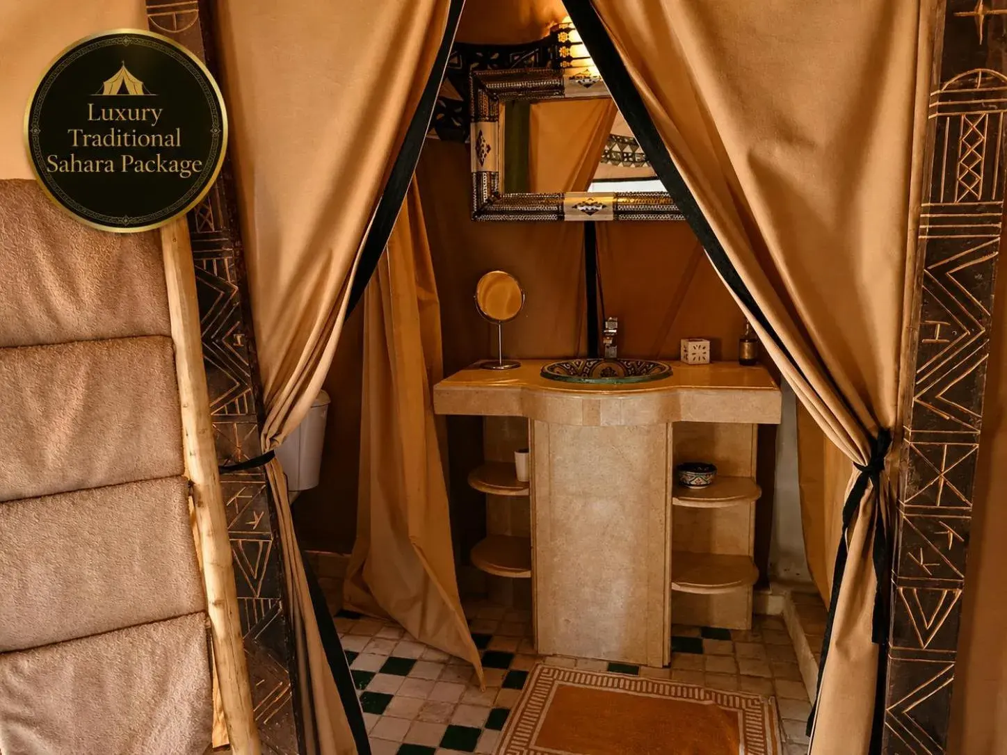 Luxury Traditional Sahara Package in Merzouga showcasing the tent bathroom area