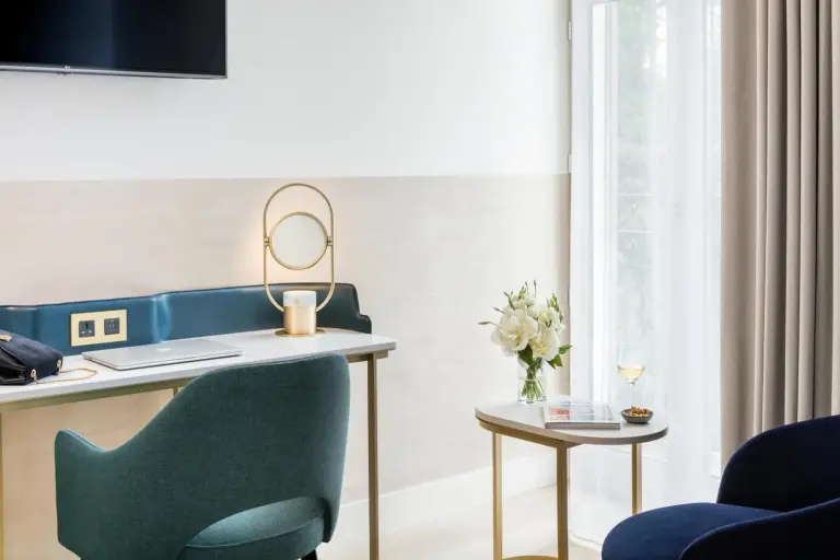 Cozy workspace in guestroom at Maison Albar Hotels L’Imperator in Nimes