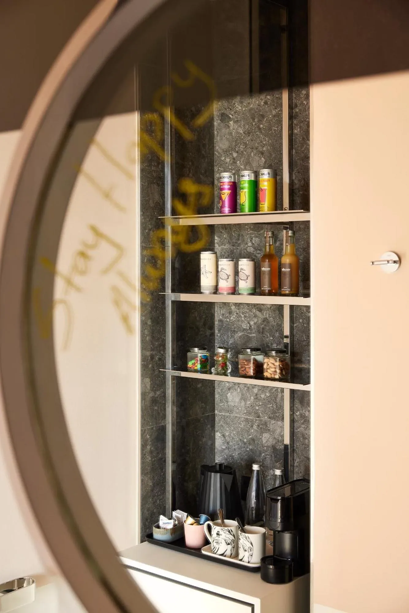 In-room minibar and coffee shelf at Mama Shelter Dubai