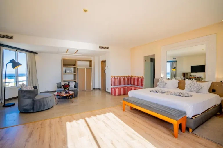 Spacious guest room with ocean view at Mandarin Hotel & Spa Tanger