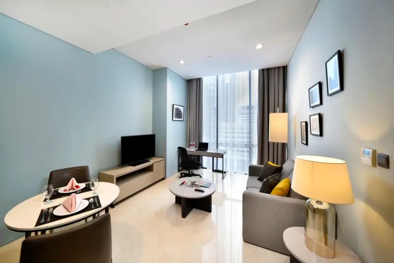 Living Room at Mangkuluhur Residences by Lorin in Jakarta with modern amenities