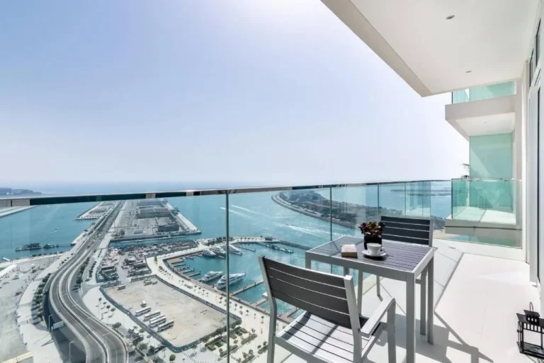 Balcony with stunning Dubai views in the hotel.
