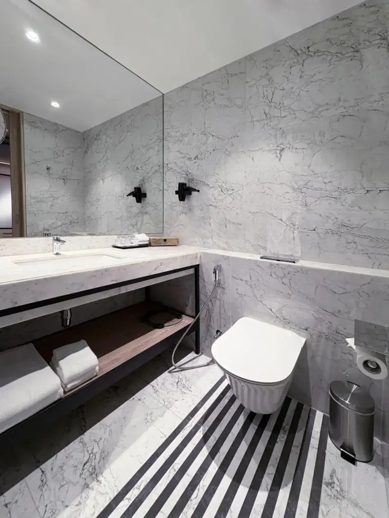 Bathroom interior at Mercure Kathmandu Sukedhara Heights with vanity, toilet, and striped floor design