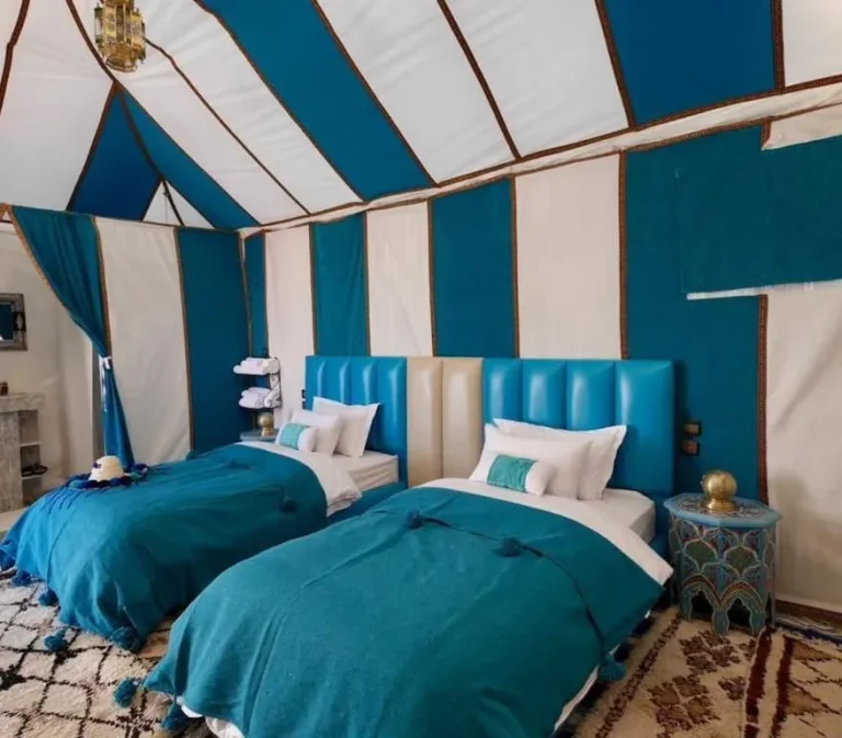 Blue themed tent at Merzouga Limited-Time Camp, Merzouga
