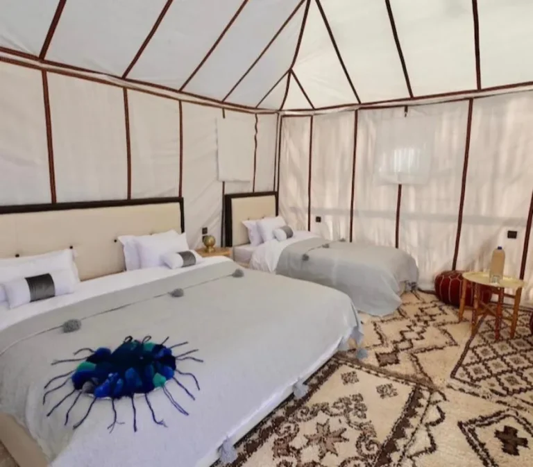 Elegant neutral themed tent at Merzouga Limited-Time Camp, Merzouga