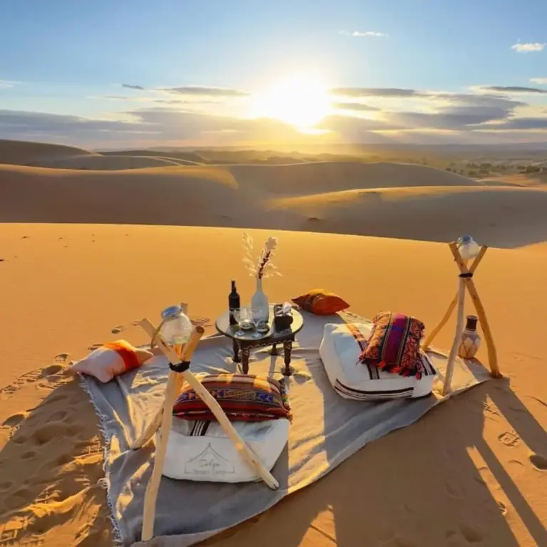 Aménagement de salon dans le désert au Merzouga Nomadic Desert Camp pendant le coucher de soleil
