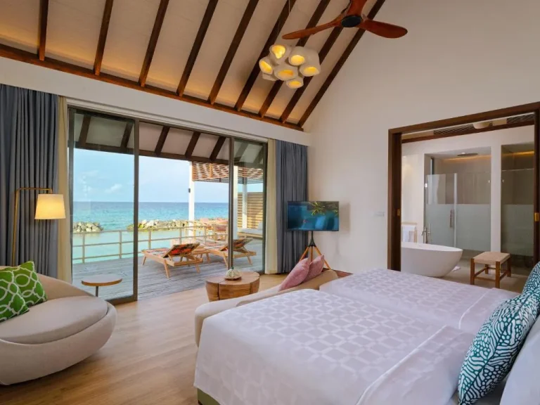 Beachfront room at Meyyafushi Maldives with stunning sea views