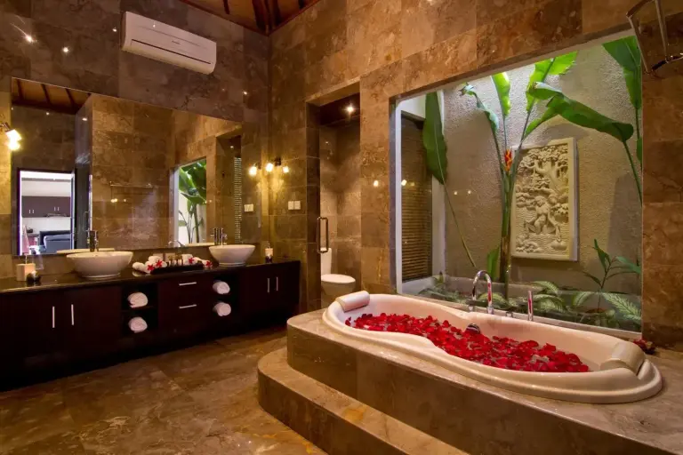 My Villas In Bali luxurious bathroom with rose petals