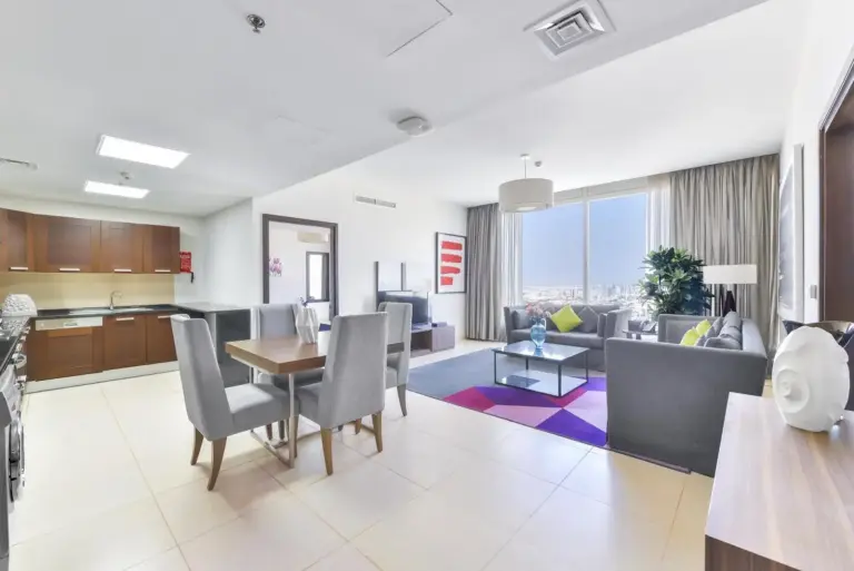 Dining area and kitchen of Nassima Tower Hotel Apartments in Dubai