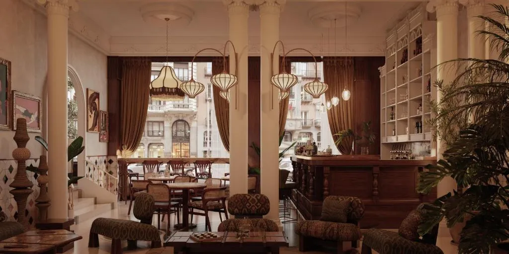 Bar area with elegant decor at Nômade Temple Madrid