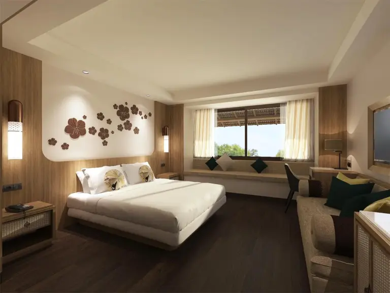 King guest room at Novotel Bogor Golf Resort & Convention Center in Bogor with elegant decor and large window