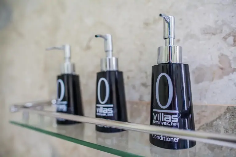 Conditioner bottles in O Villas Seminyak bathroom