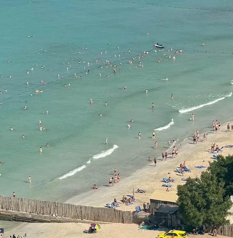 Scène de plage montrant des visiteurs profitant du soleil près des Ocean View Luxurious Homes