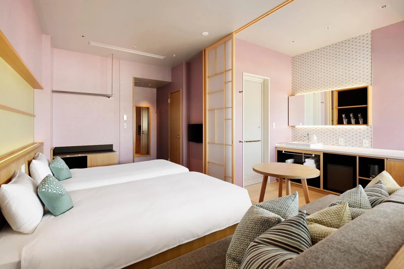 Chambre élégante à OMO7 Osaka by Hoshino Resorts avec deux lits jumeaux