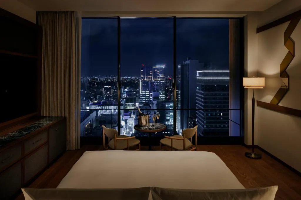Room view at night at One Fukuoka Hotel