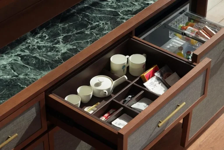 Tea set in drawer at One Fukuoka Hotel