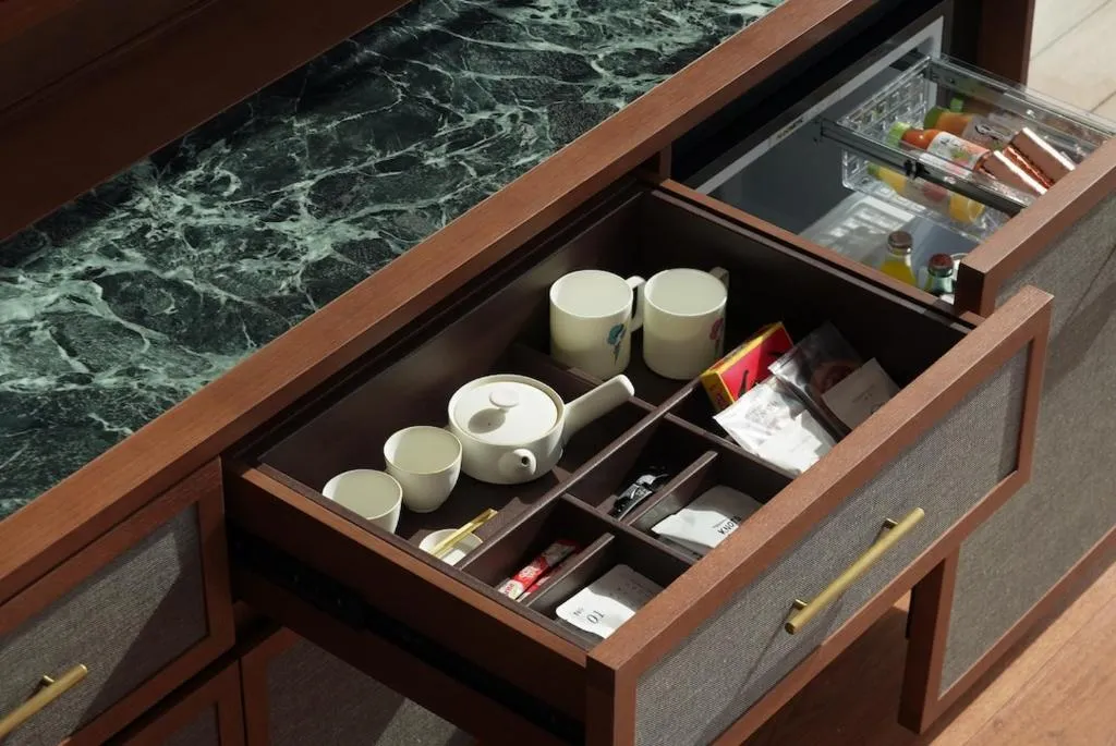 Tea set in drawer at One Fukuoka Hotel