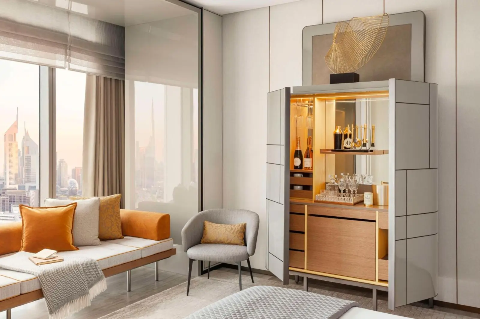 Stylischer Barwagen in einem Gästezimmer im One&Only One Za'abeel