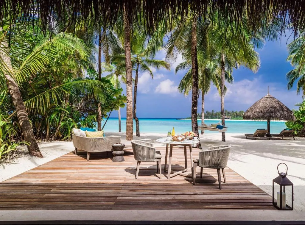 Beachside deck at One&Only Reethi Rah with stunning sea view